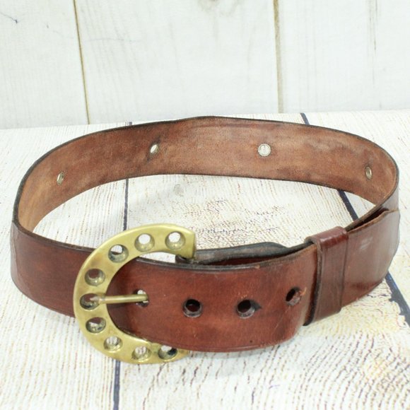 Men's Brown Leather Belt Solid Brass Buckle D-Ring Size 36 - Picture 2 of 8